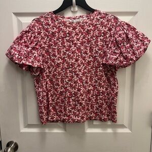 ZARA red floral puffy sleeve t shirt size medium